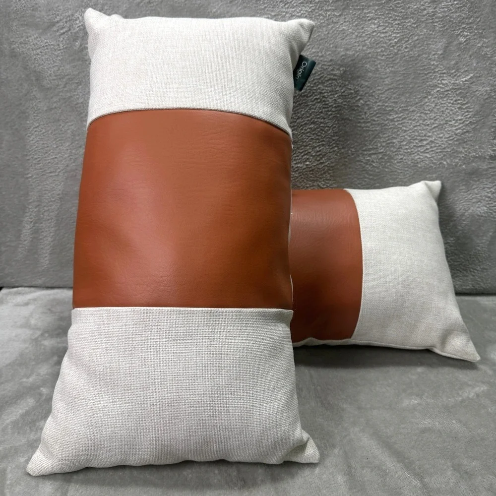 Set of 2 MCM Style Lumbar Throw Pillows Ivory Linen Faux Leather Minimalist